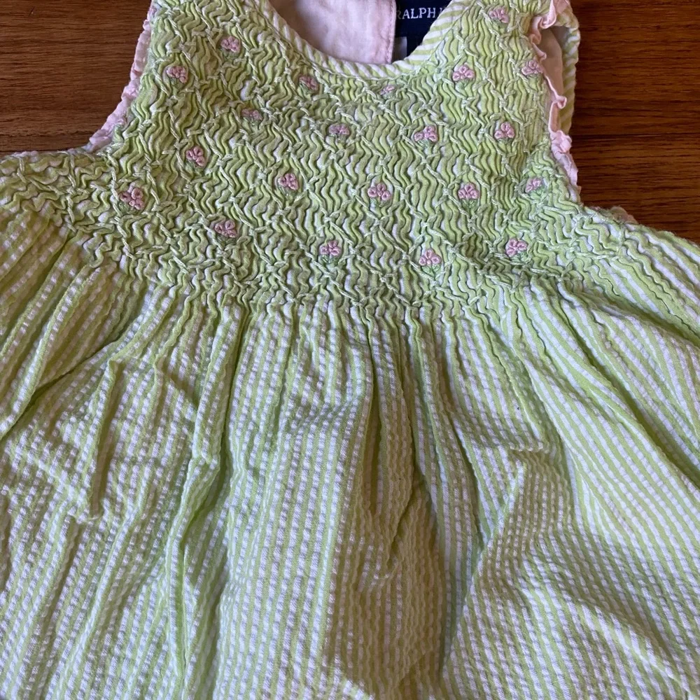 VTG Ralph Lauren Gingam Baby Girls 9 months Dress Set Seersucker Green & Pink